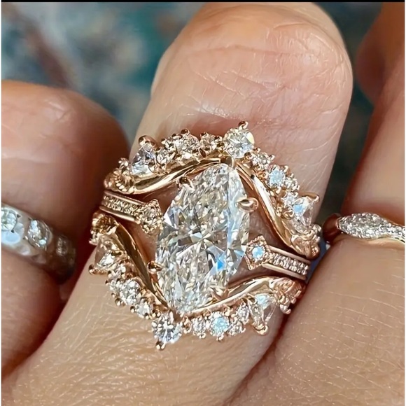 14k Gold Plated, 3 pcs Stacking, Engagement, Wedding, Victorian, Ring Set Sz 6 - Picture 1 of 11